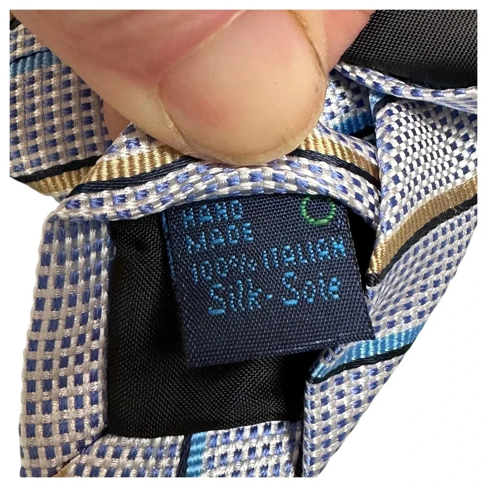 NWT Polifroni Milano Tie Mens Blue Gold Striped Italian Silk Handmade Necktie‎